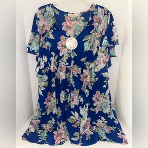 Umgee+ womens flutter short sleeve blue floral fully lined mini dress‎ size 1XL